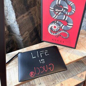 Gucci "Life is Gucci" Printed Black Leather Pouch